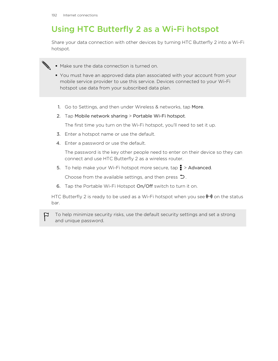 Using htc butterfly 2 as a wi‍-fi hotspot, Using htc butterfly 2 as a wi-fi hotspot | HTC Butterfly 2 User Manual | Page 192 / 216