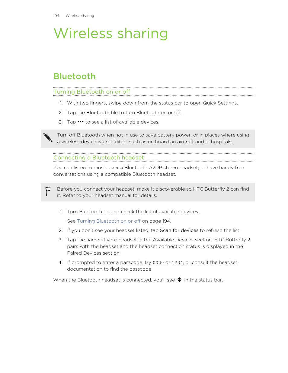 Wireless sharing, Bluetooth, Turning bluetooth on or off | Connecting a bluetooth headset | HTC Butterfly 2 User Manual | Page 194 / 216