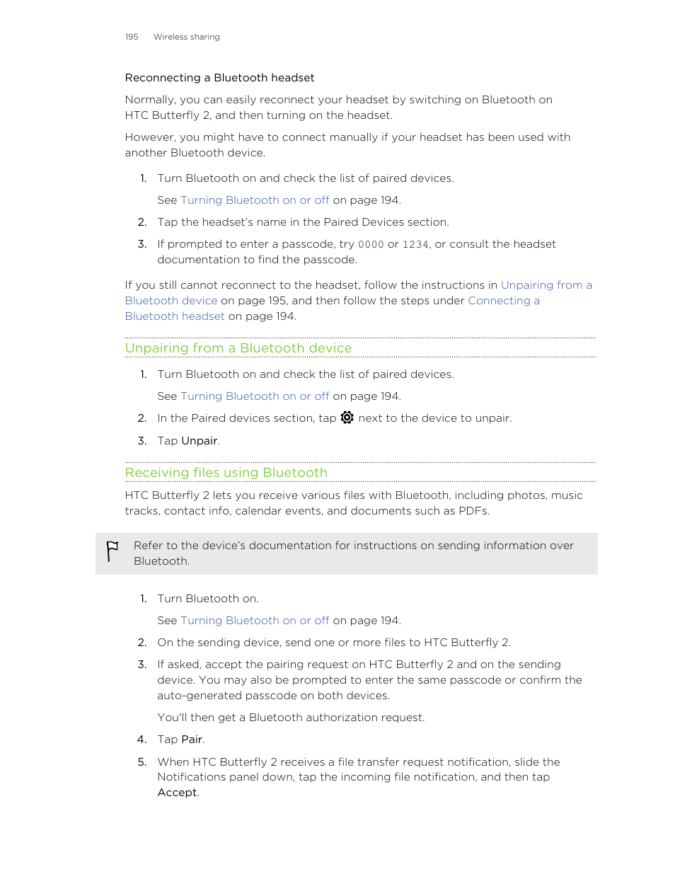 Reconnecting a bluetooth headset, Unpairing from a bluetooth device, Receiving files using bluetooth | HTC Butterfly 2 User Manual | Page 195 / 216