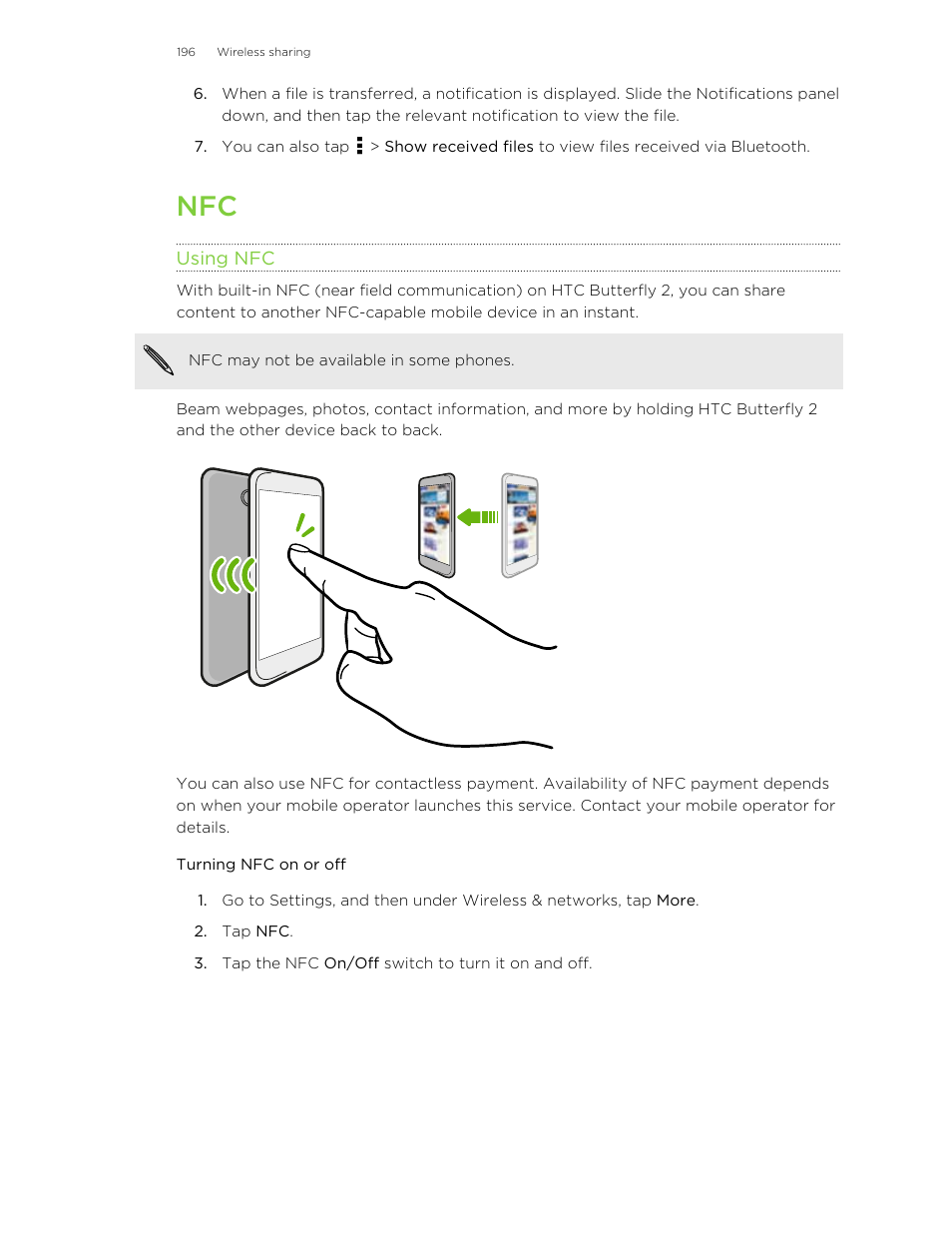 Using nfc, Turning nfc on or off | HTC Butterfly 2 User Manual | Page 196 / 216