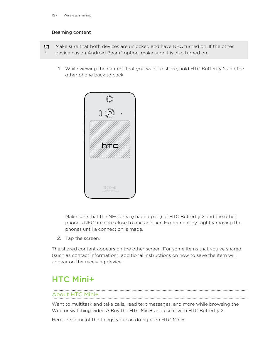 Beaming content, Htc mini, About htc mini | HTC Butterfly 2 User Manual | Page 197 / 216