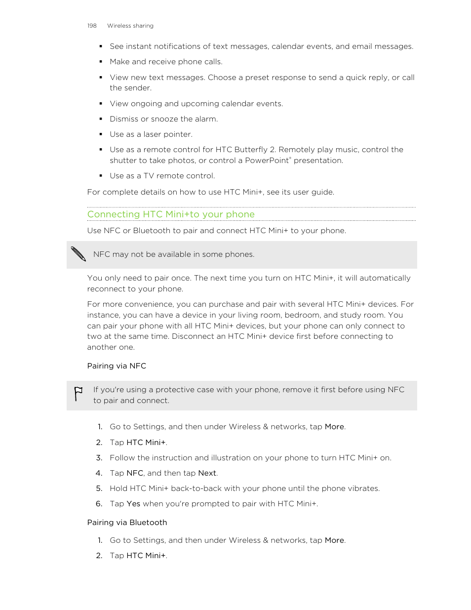 Connecting htc mini‍+to your phone, Pairing via nfc, Pairing via bluetooth | HTC Butterfly 2 User Manual | Page 198 / 216