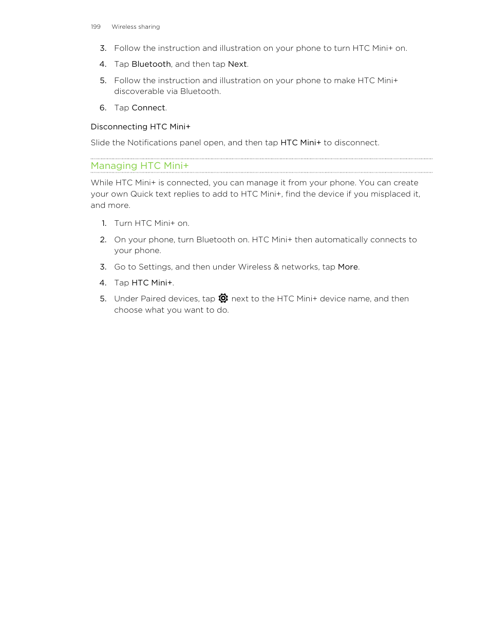 Disconnecting htc mini, Managing htc mini | HTC Butterfly 2 User Manual | Page 199 / 216