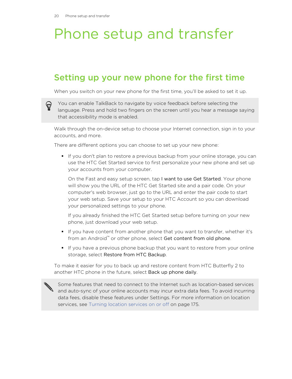 Phone setup and transfer, Setting up your new phone for the first time | HTC Butterfly 2 User Manual | Page 20 / 216