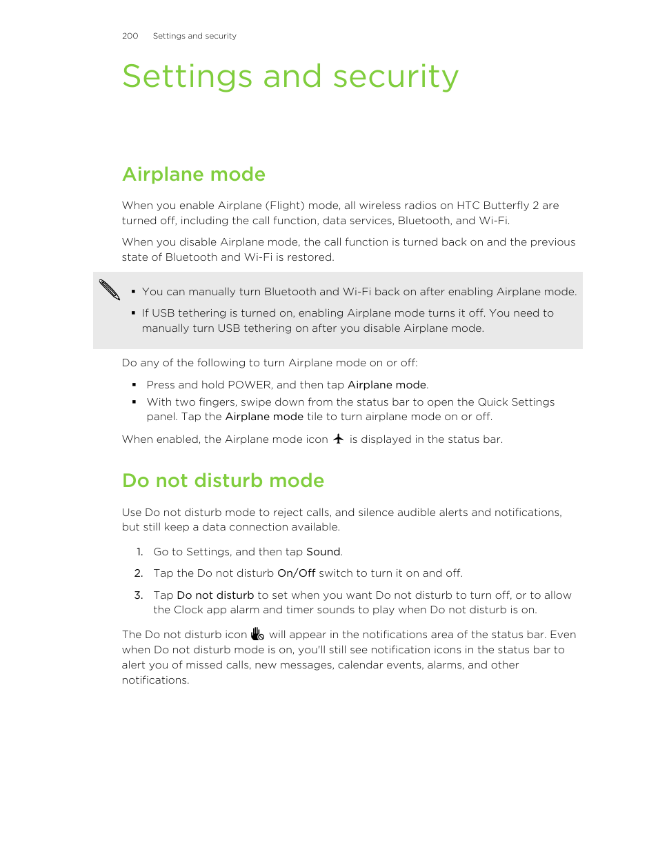 Settings and security, Airplane mode, Do not disturb mode | HTC Butterfly 2 User Manual | Page 200 / 216