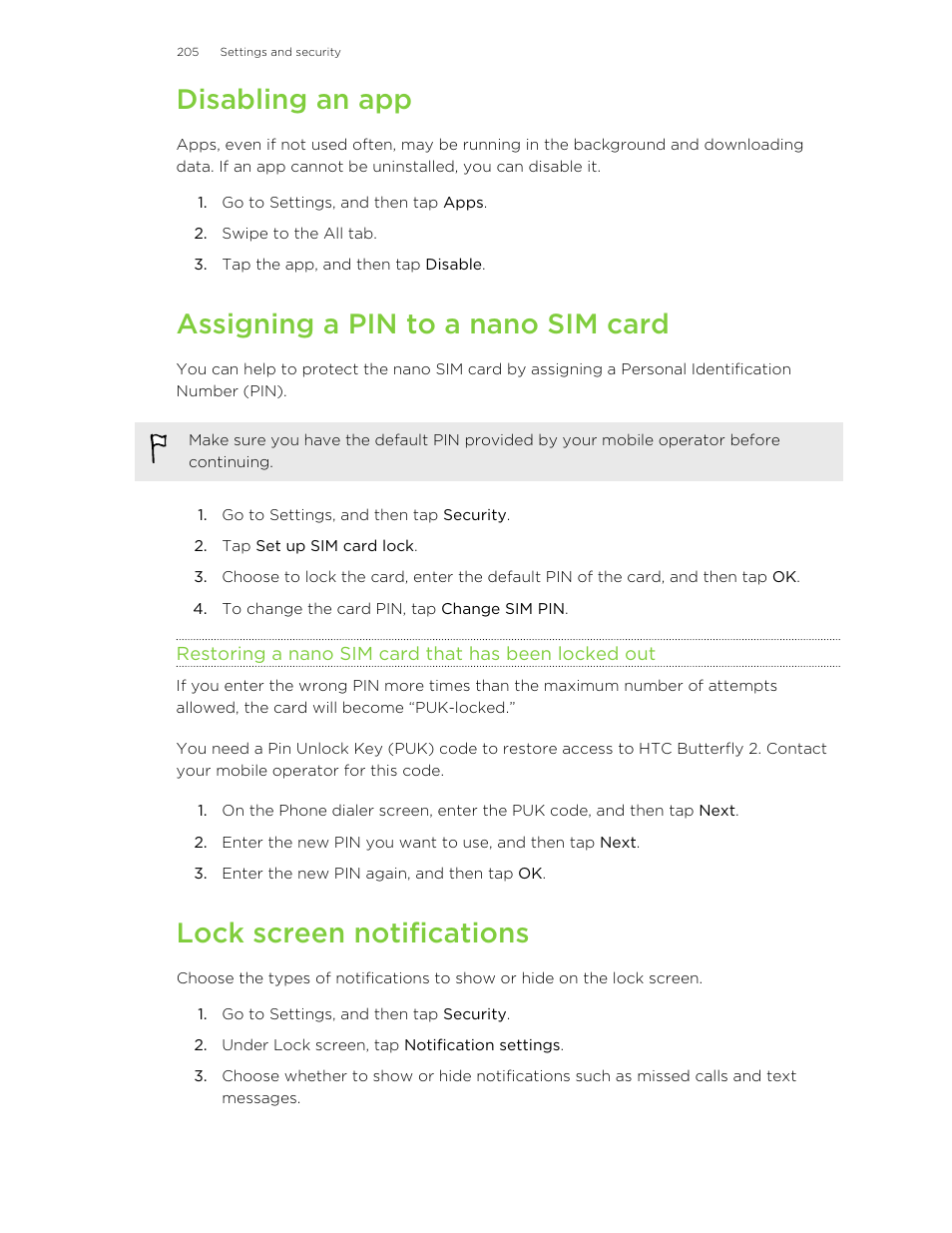 Disabling an app, Assigning a pin to a nano sim card, Restoring a nano sim card that has been locked out | Lock screen notifications | HTC Butterfly 2 User Manual | Page 205 / 216