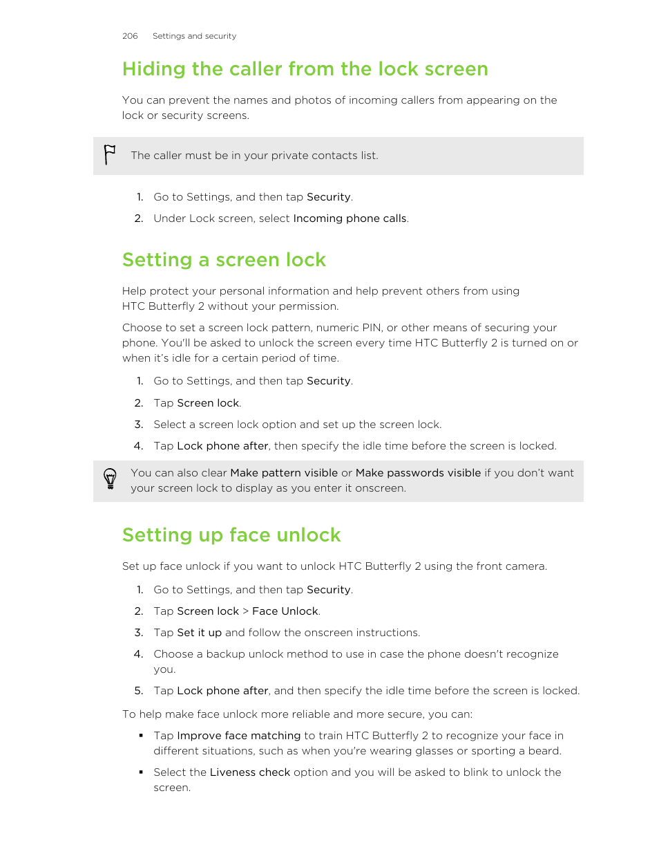 Hiding the caller from the lock screen, Setting a screen lock, Setting up face unlock | HTC Butterfly 2 User Manual | Page 206 / 216