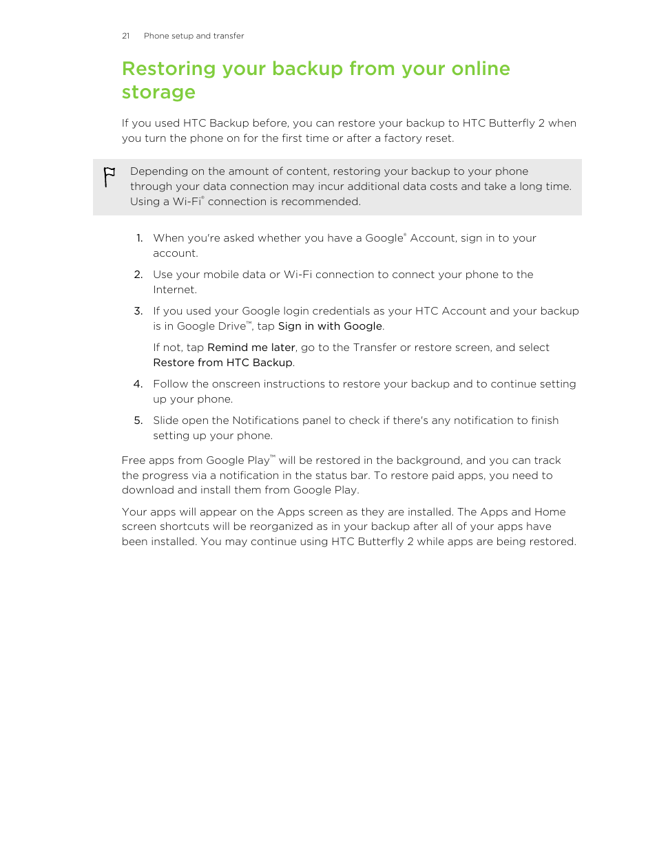 Restoring your backup from your online storage | HTC Butterfly 2 User Manual | Page 21 / 216