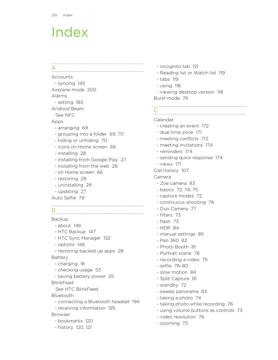 Index | HTC Butterfly 2 User Manual | Page 210 / 216