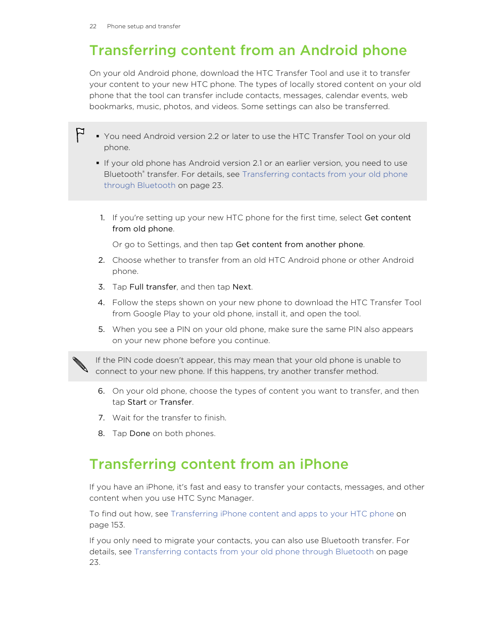 Transferring content from an android phone, Transferring content from an iphone | HTC Butterfly 2 User Manual | Page 22 / 216