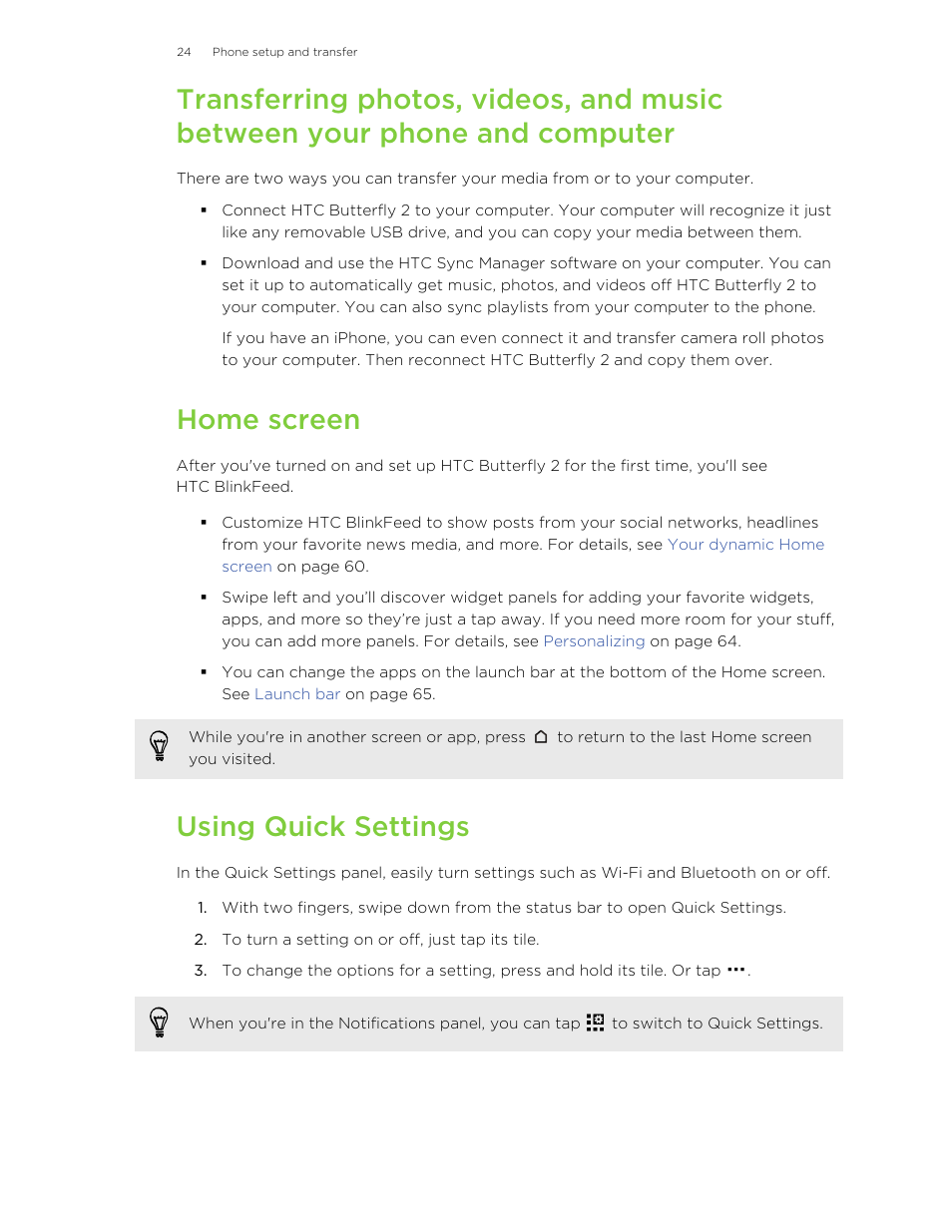 Home screen, Using quick settings | HTC Butterfly 2 User Manual | Page 24 / 216