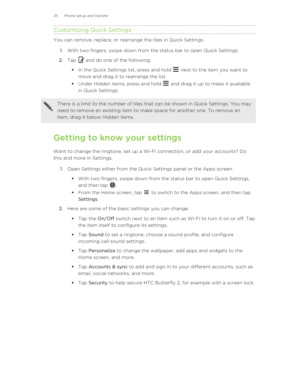 Customizing quick settings, Getting to know your settings | HTC Butterfly 2 User Manual | Page 25 / 216