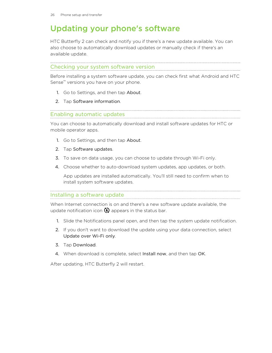 Updating your phone's software, Checking your system software version, Enabling automatic updates | Installing a software update | HTC Butterfly 2 User Manual | Page 26 / 216