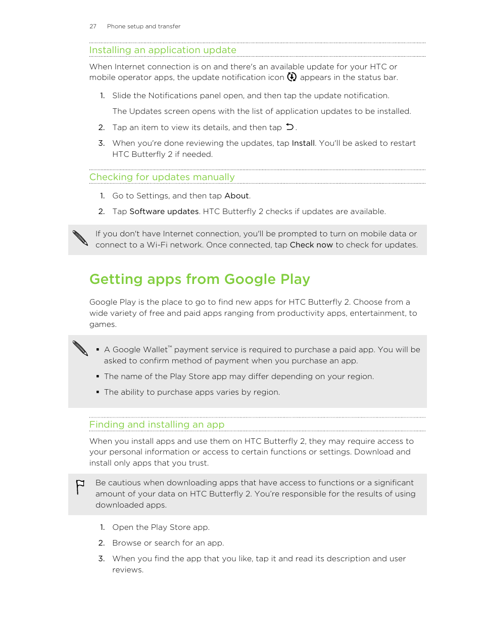 Installing an application update, Checking for updates manually, Getting apps from google play | Finding and installing an app | HTC Butterfly 2 User Manual | Page 27 / 216