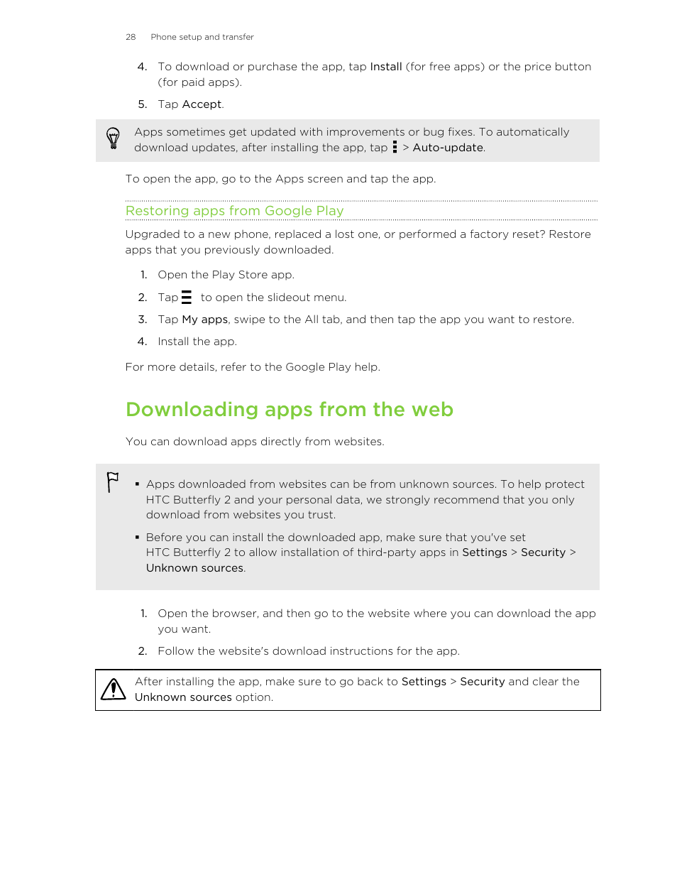 Restoring apps from google play, Downloading apps from the web | HTC Butterfly 2 User Manual | Page 28 / 216