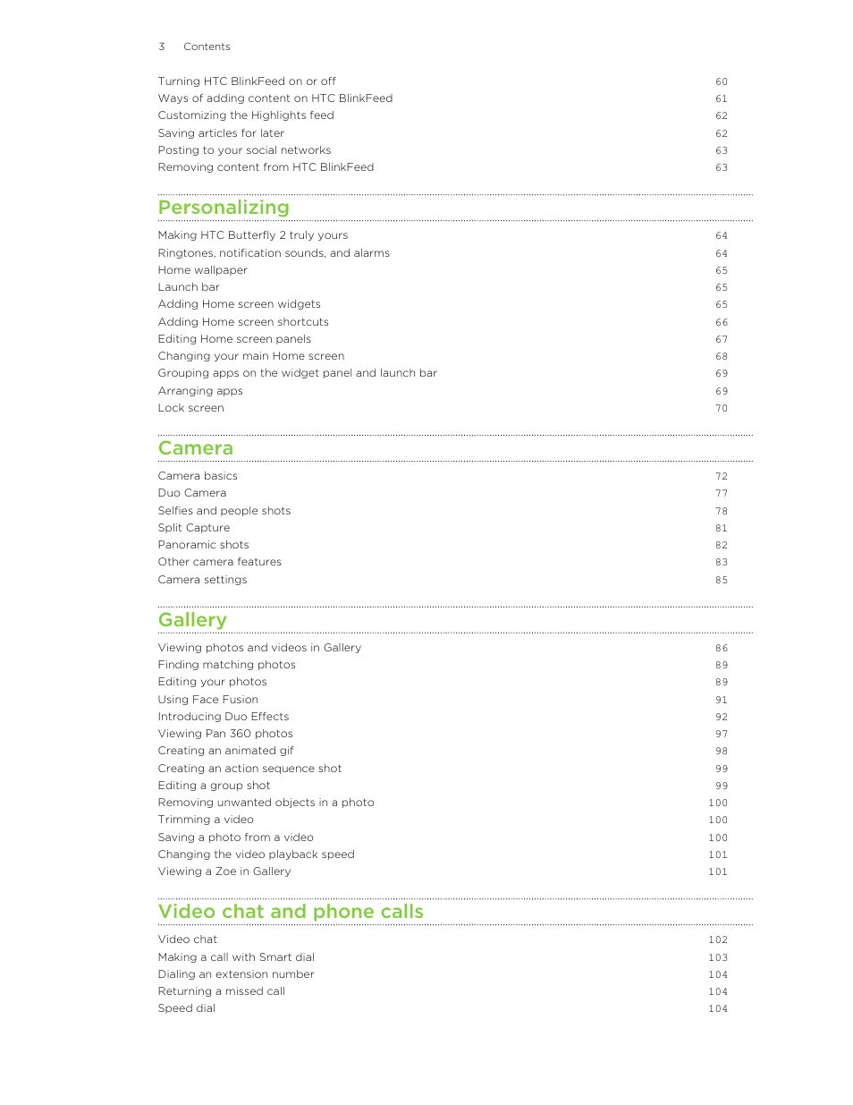 Personalizing, Camera, Gallery | Video chat and phone calls | HTC Butterfly 2 User Manual | Page 3 / 216