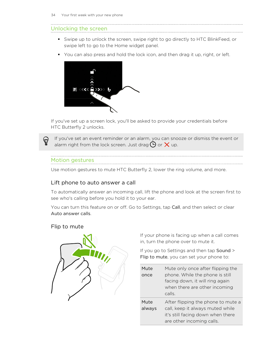 Unlocking the screen, Motion gestures | HTC Butterfly 2 User Manual | Page 34 / 216