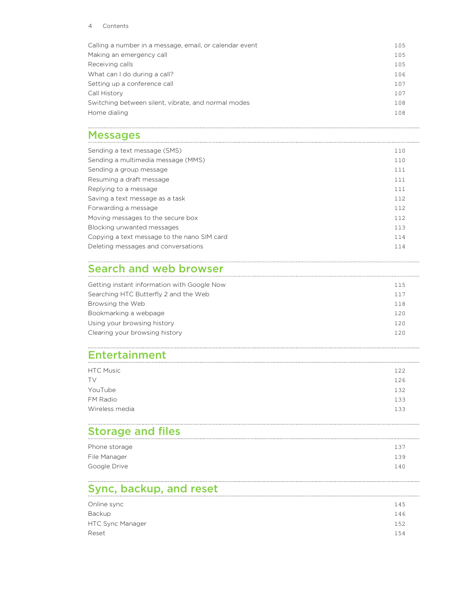 Messages, Search and web browser, Entertainment | Storage and files, Sync, backup, and reset | HTC Butterfly 2 User Manual | Page 4 / 216