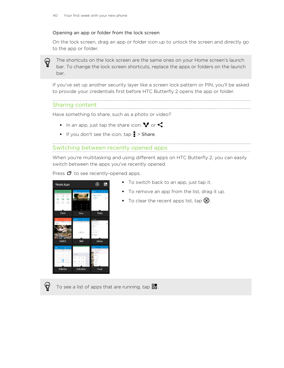 Opening an app or folder from the lock screen, Sharing content, Switching between recently opened apps | HTC Butterfly 2 User Manual | Page 40 / 216
