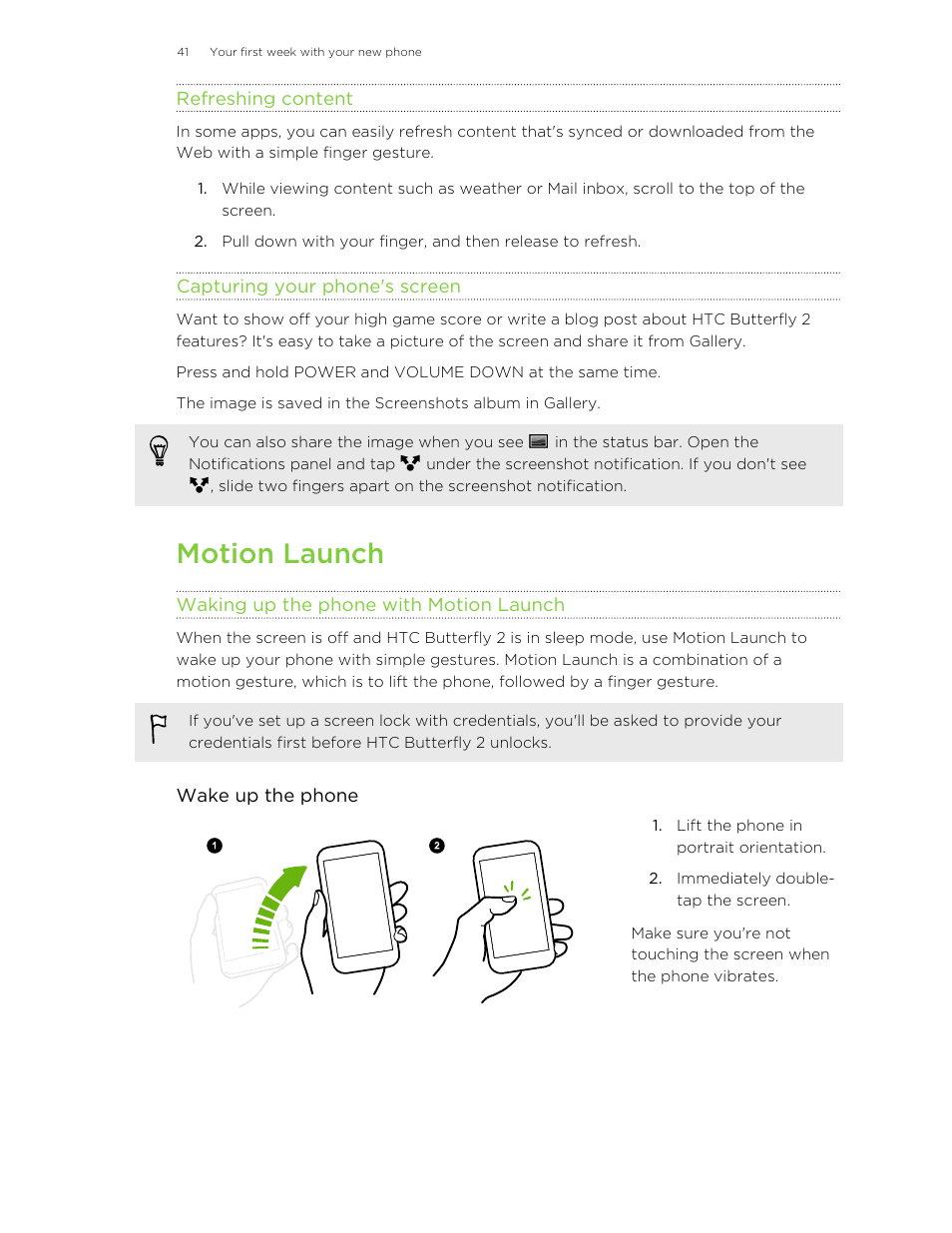 Refreshing content, Capturing your phone's screen, Motion launch | Waking up the phone with motion launch, Screen. see | HTC Butterfly 2 User Manual | Page 41 / 216