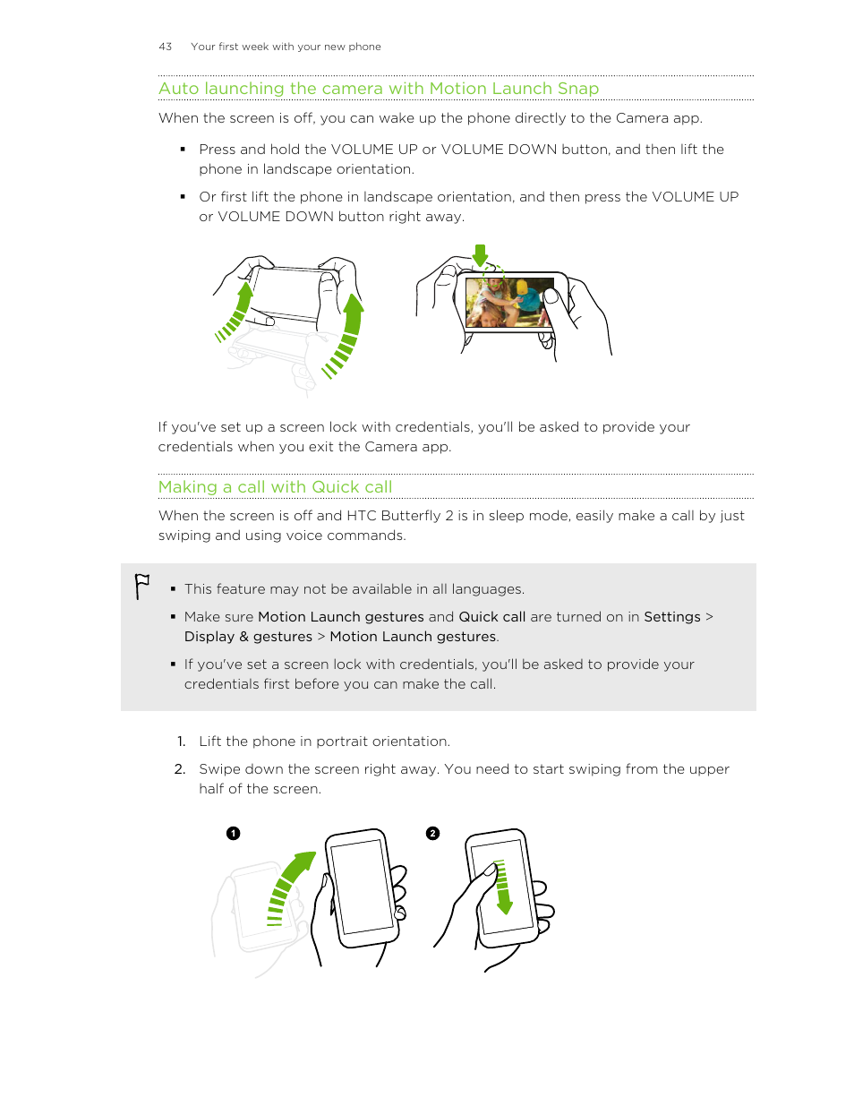 Auto launching the camera with motion launch snap, Making a call with quick call | HTC Butterfly 2 User Manual | Page 43 / 216