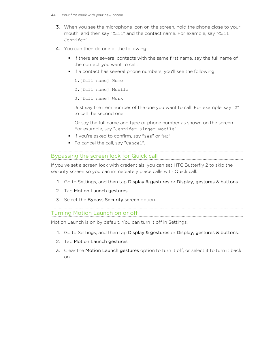 Bypassing the screen lock for quick call, Turning motion launch on or off | HTC Butterfly 2 User Manual | Page 44 / 216