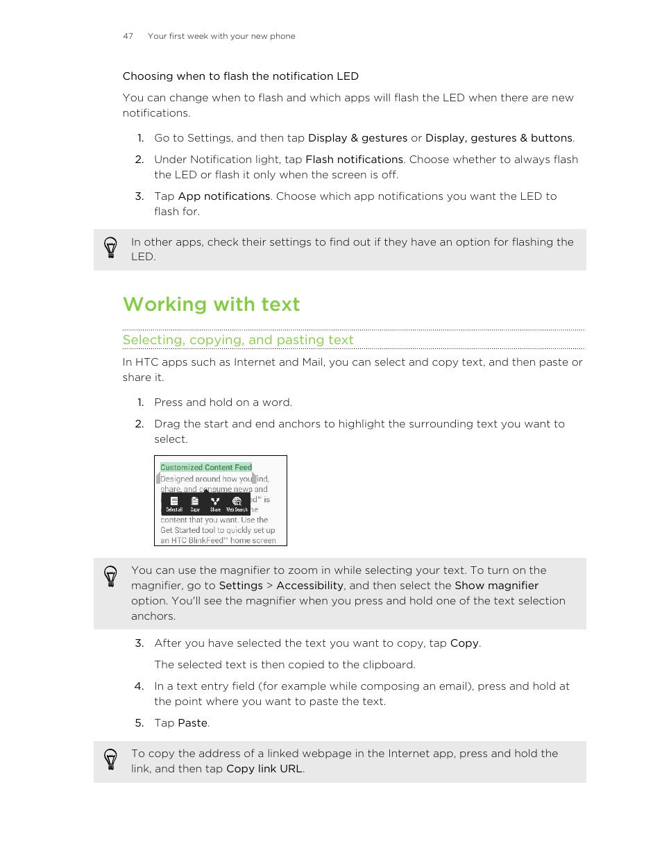 Choosing when to flash the notification led, Working with text, Selecting, copying, and pasting text | HTC Butterfly 2 User Manual | Page 47 / 216