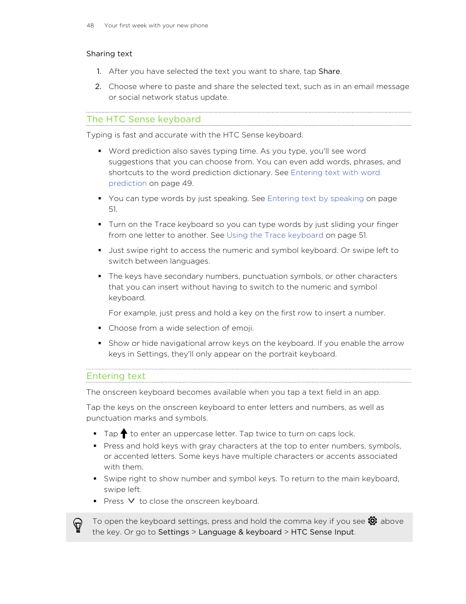 Sharing text, The htc sense keyboard, Entering text | HTC Butterfly 2 User Manual | Page 48 / 216