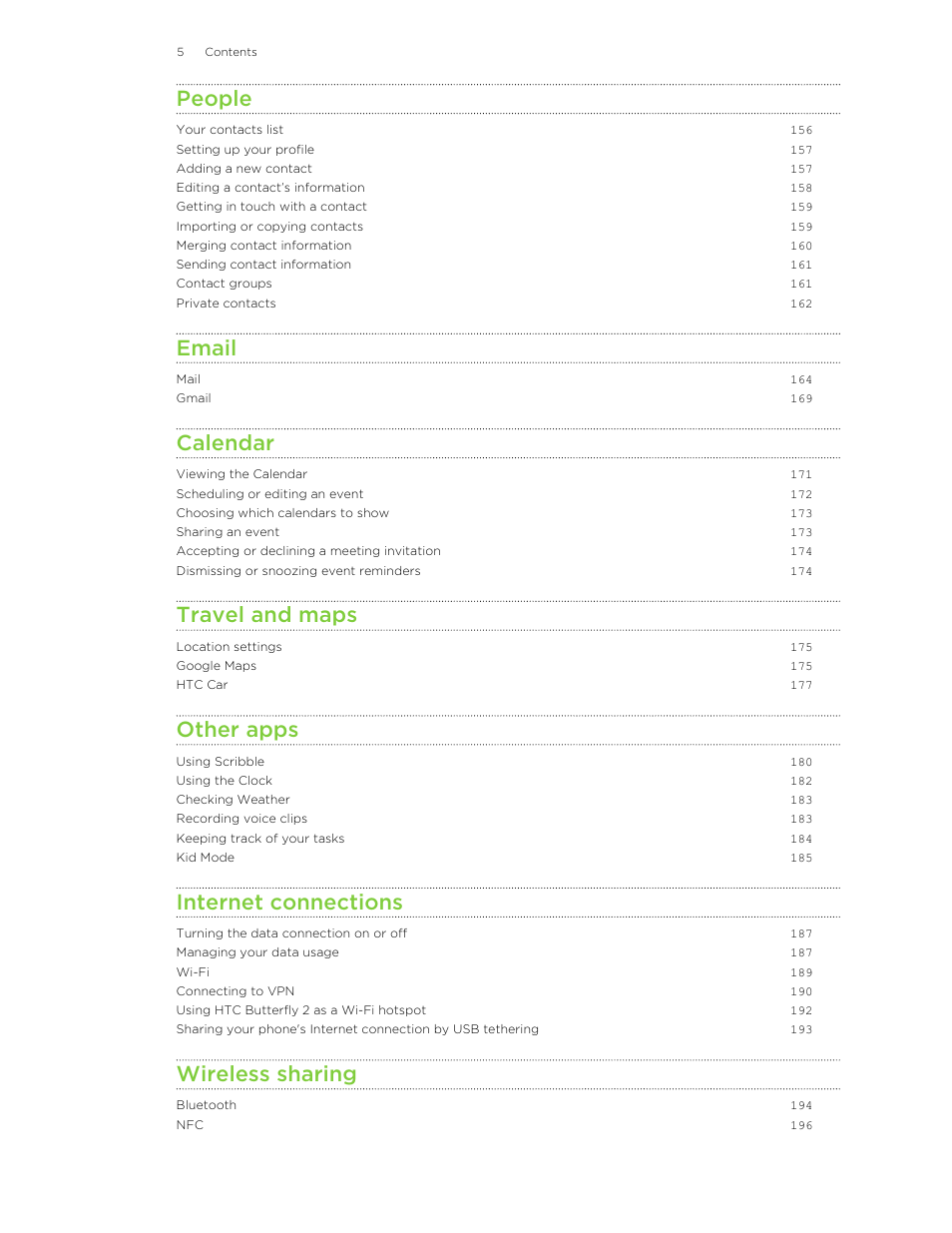 People, Email, Calendar | Travel and maps, Other apps, Internet connections, Wireless sharing | HTC Butterfly 2 User Manual | Page 5 / 216