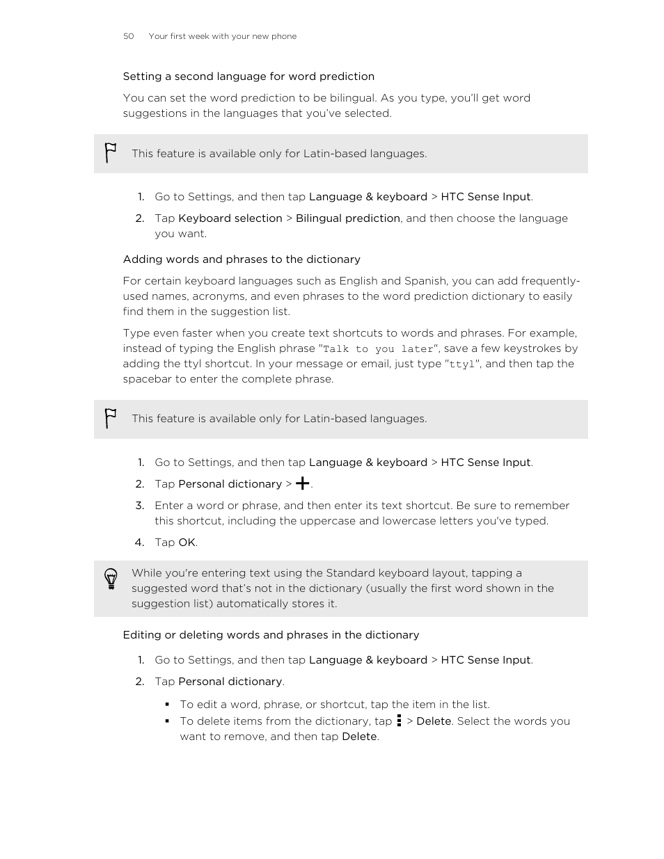 Setting a second language for word prediction, Adding words and phrases to the dictionary | HTC Butterfly 2 User Manual | Page 50 / 216