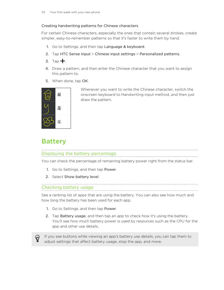 Battery, Displaying the battery percentage, Checking battery usage | HTC Butterfly 2 User Manual | Page 53 / 216