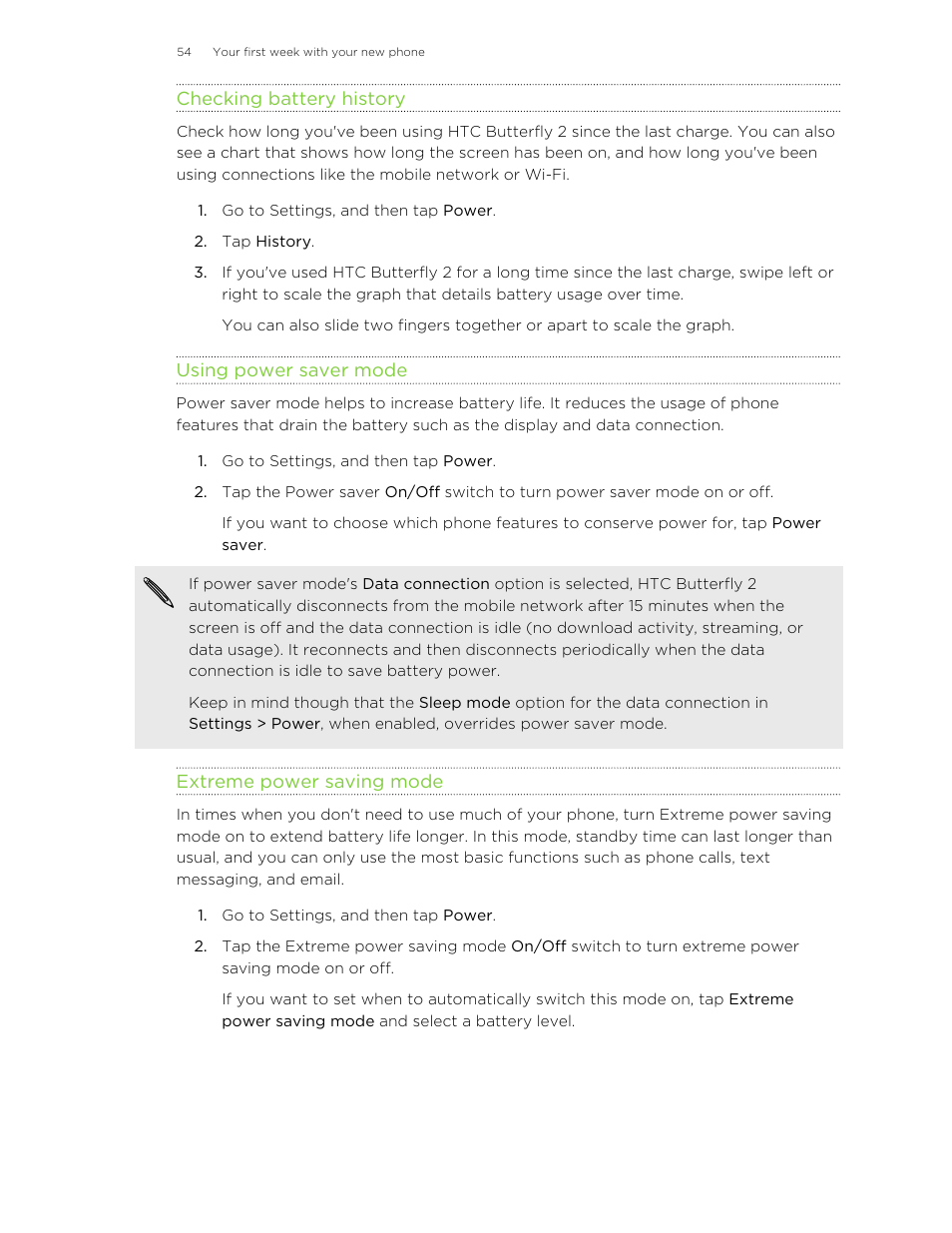 Checking battery history, Using power saver mode, Extreme power saving mode | HTC Butterfly 2 User Manual | Page 54 / 216