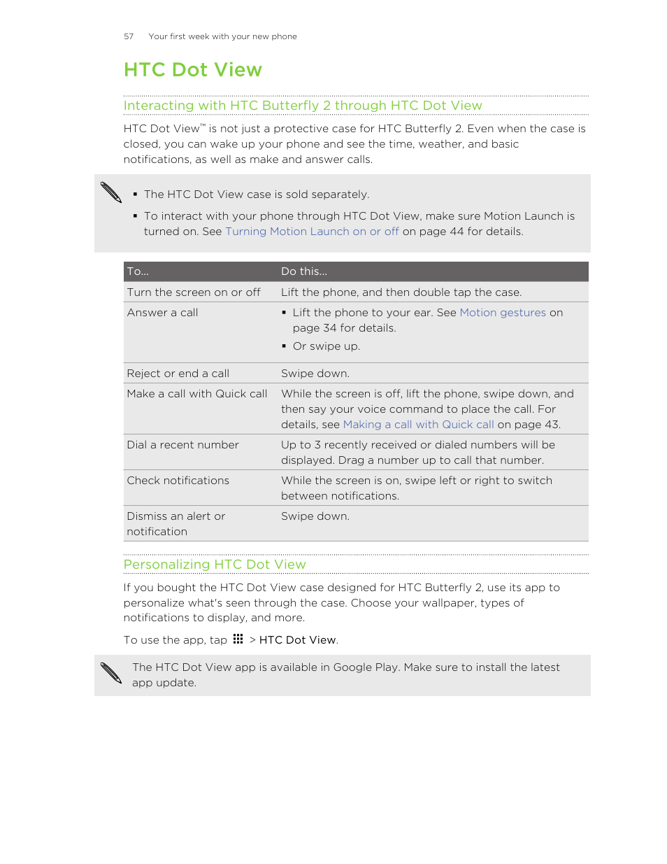 Htc dot view, Personalizing htc dot view | HTC Butterfly 2 User Manual | Page 57 / 216