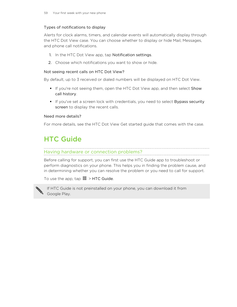 Types of notifications to display, Not seeing recent calls on htc dot view, Need more details | Htc guide, Having hardware or connection problems | HTC Butterfly 2 User Manual | Page 59 / 216