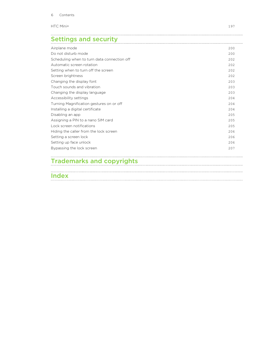 Settings and security, Trademarks and copyrights index | HTC Butterfly 2 User Manual | Page 6 / 216
