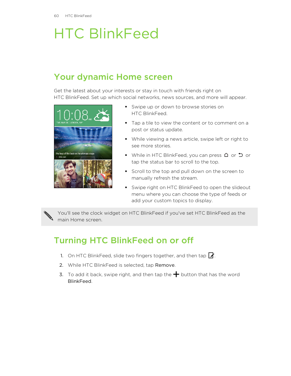 Htc blinkfeed, Your dynamic home screen, Turning htc blinkfeed on or off | Your dynamic home, Screen | HTC Butterfly 2 User Manual | Page 60 / 216