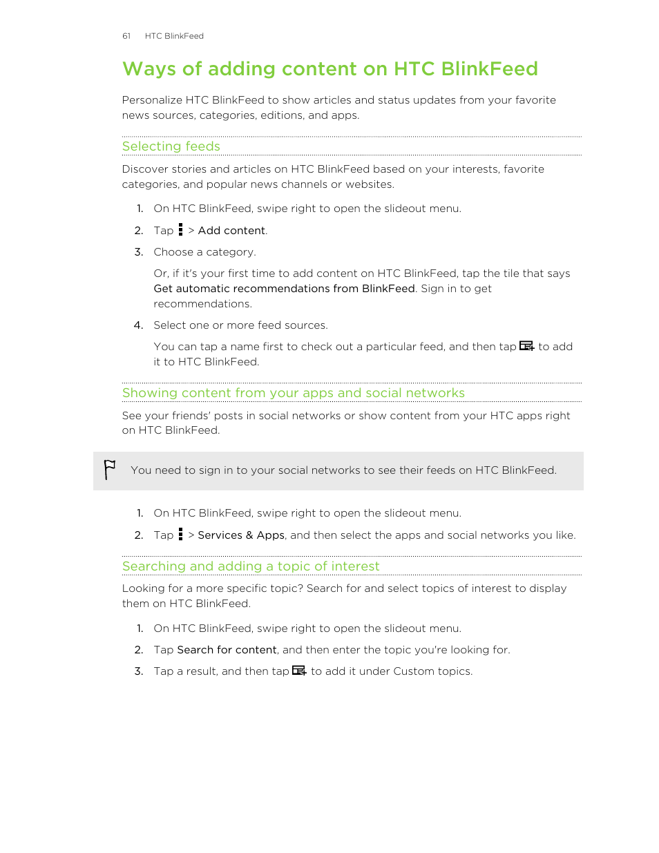 Ways of adding content on htc blinkfeed, Selecting feeds, Showing content from your apps and social networks | Searching and adding a topic of interest | HTC Butterfly 2 User Manual | Page 61 / 216