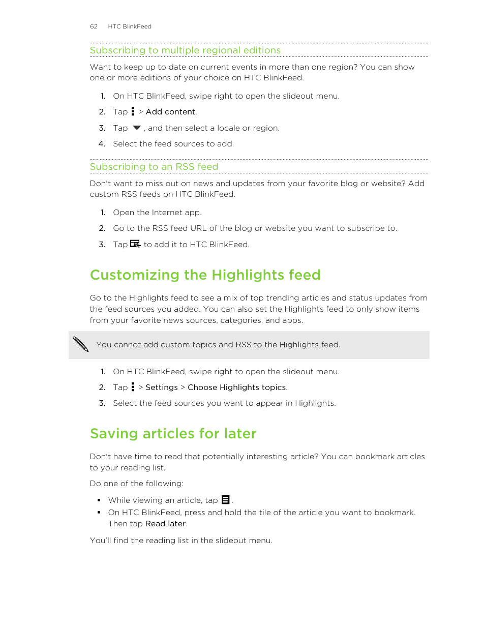 Subscribing to multiple regional editions, Subscribing to an rss feed, Customizing the highlights feed | Saving articles for later | HTC Butterfly 2 User Manual | Page 62 / 216