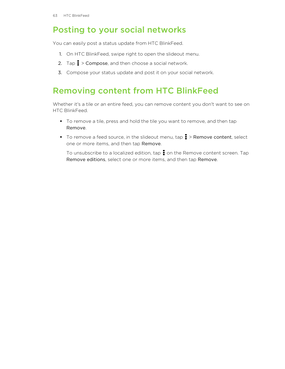 Posting to your social networks, Removing content from htc blinkfeed | HTC Butterfly 2 User Manual | Page 63 / 216