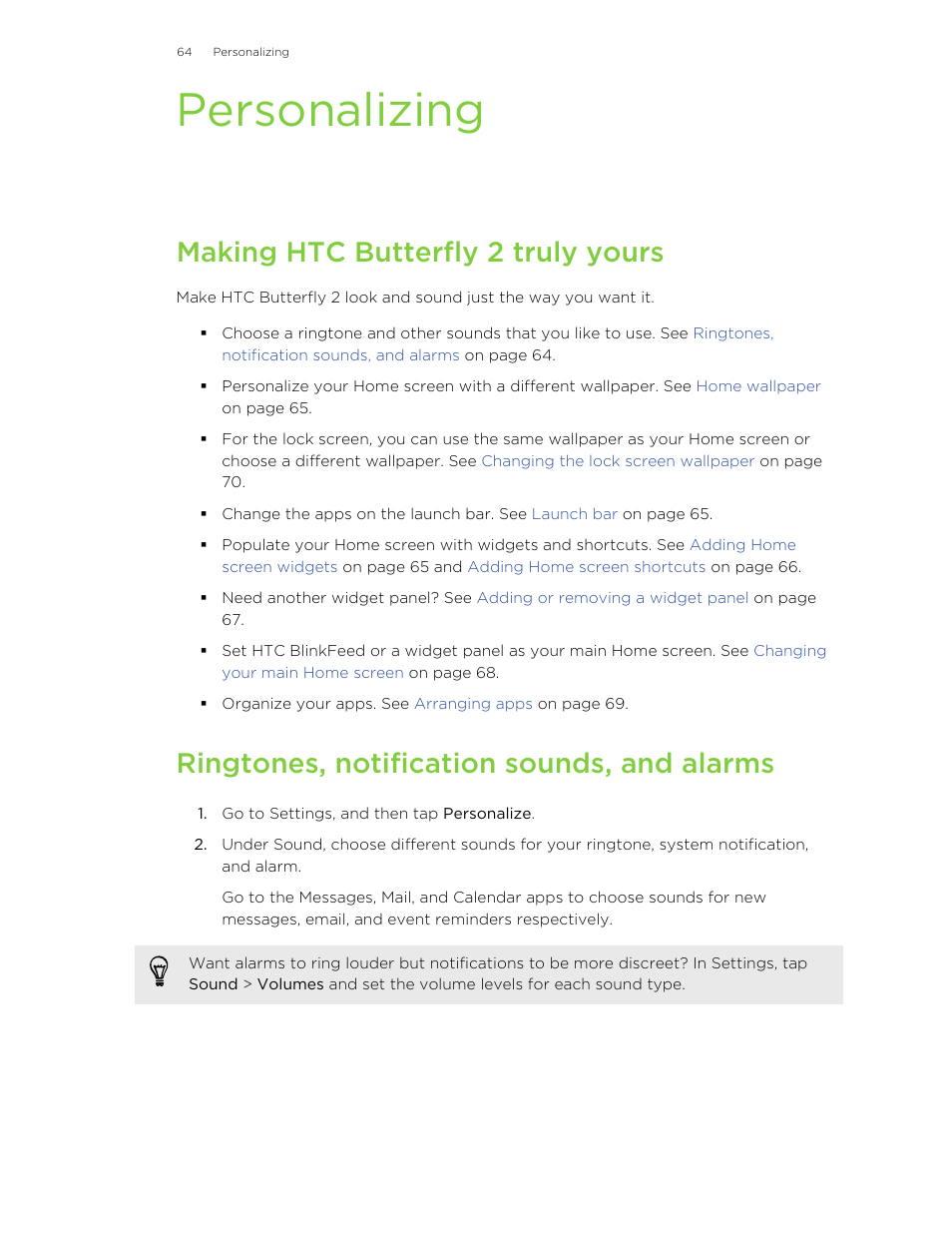 Personalizing, Making htc butterfly 2 truly yours, Ringtones, notification sounds, and alarms | HTC Butterfly 2 User Manual | Page 64 / 216