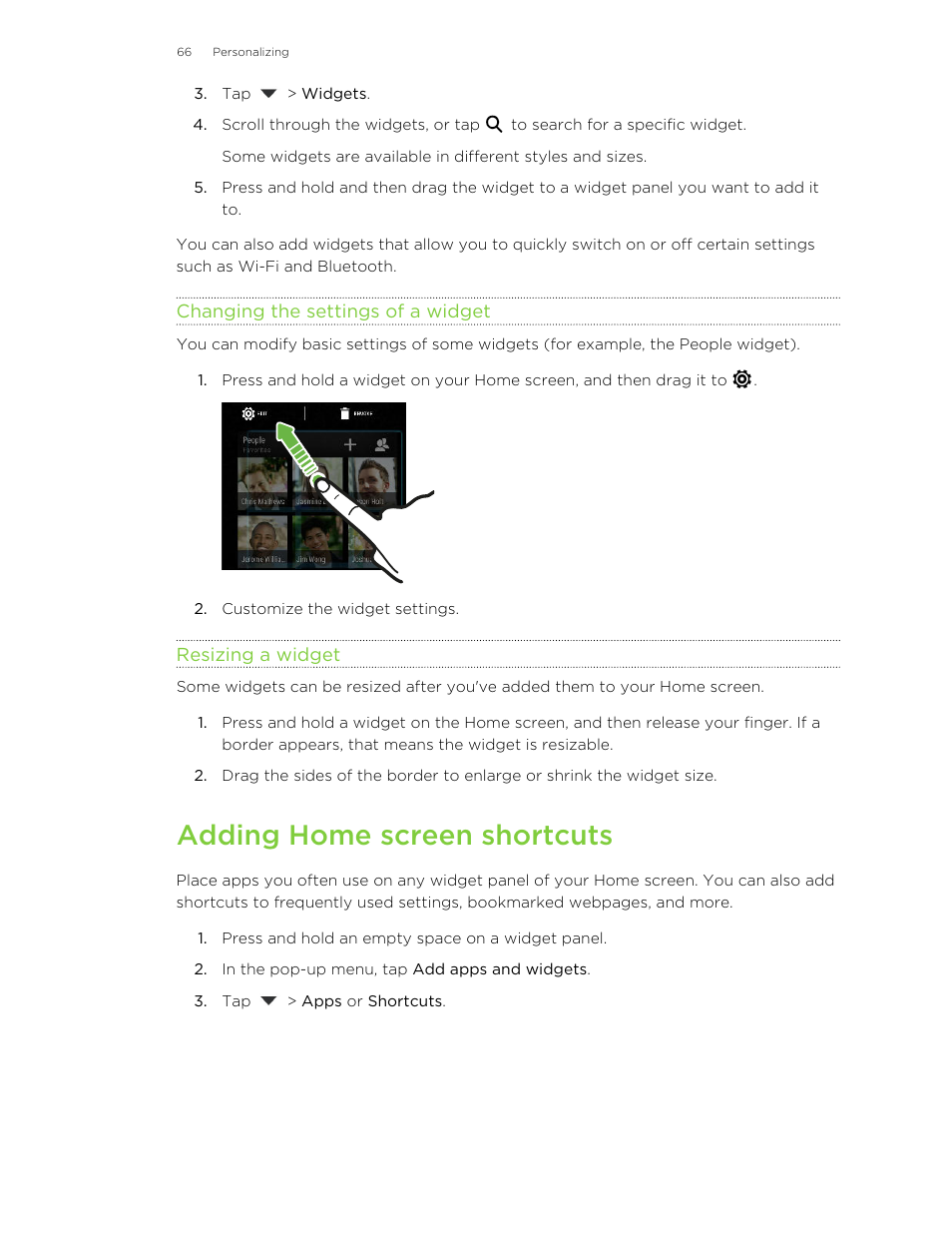 Changing the settings of a widget, Resizing a widget, Adding home screen shortcuts | HTC Butterfly 2 User Manual | Page 66 / 216