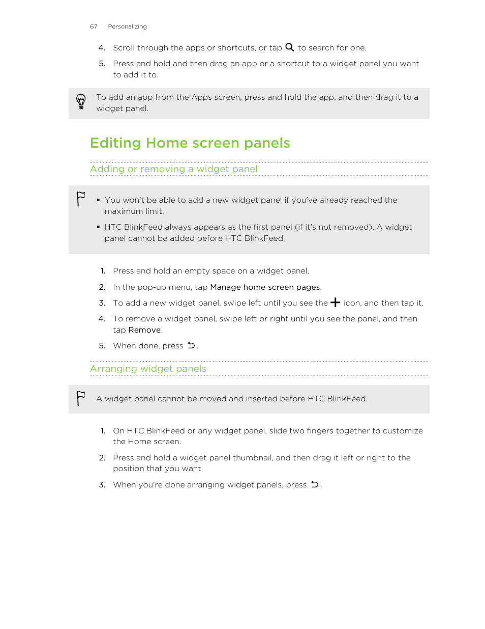 Editing home screen panels, Adding or removing a widget panel, Arranging widget panels | HTC Butterfly 2 User Manual | Page 67 / 216