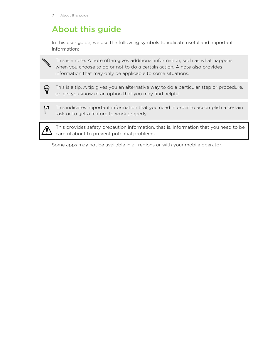 About this guide | HTC Butterfly 2 User Manual | Page 7 / 216