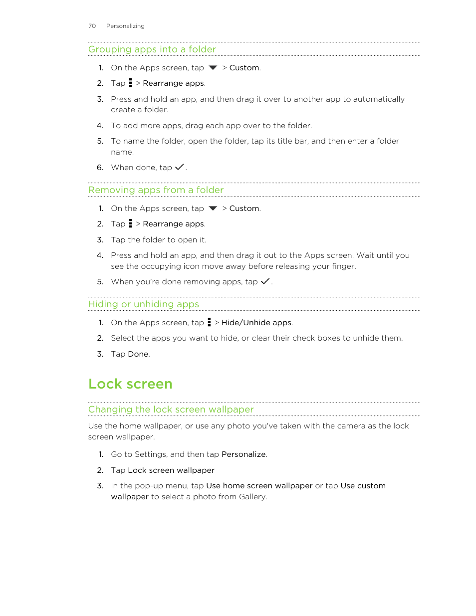 Grouping apps into a folder, Removing apps from a folder, Hiding or unhiding apps | Lock screen, Changing the lock screen wallpaper, Choose a different wallpaper. see | HTC Butterfly 2 User Manual | Page 70 / 216