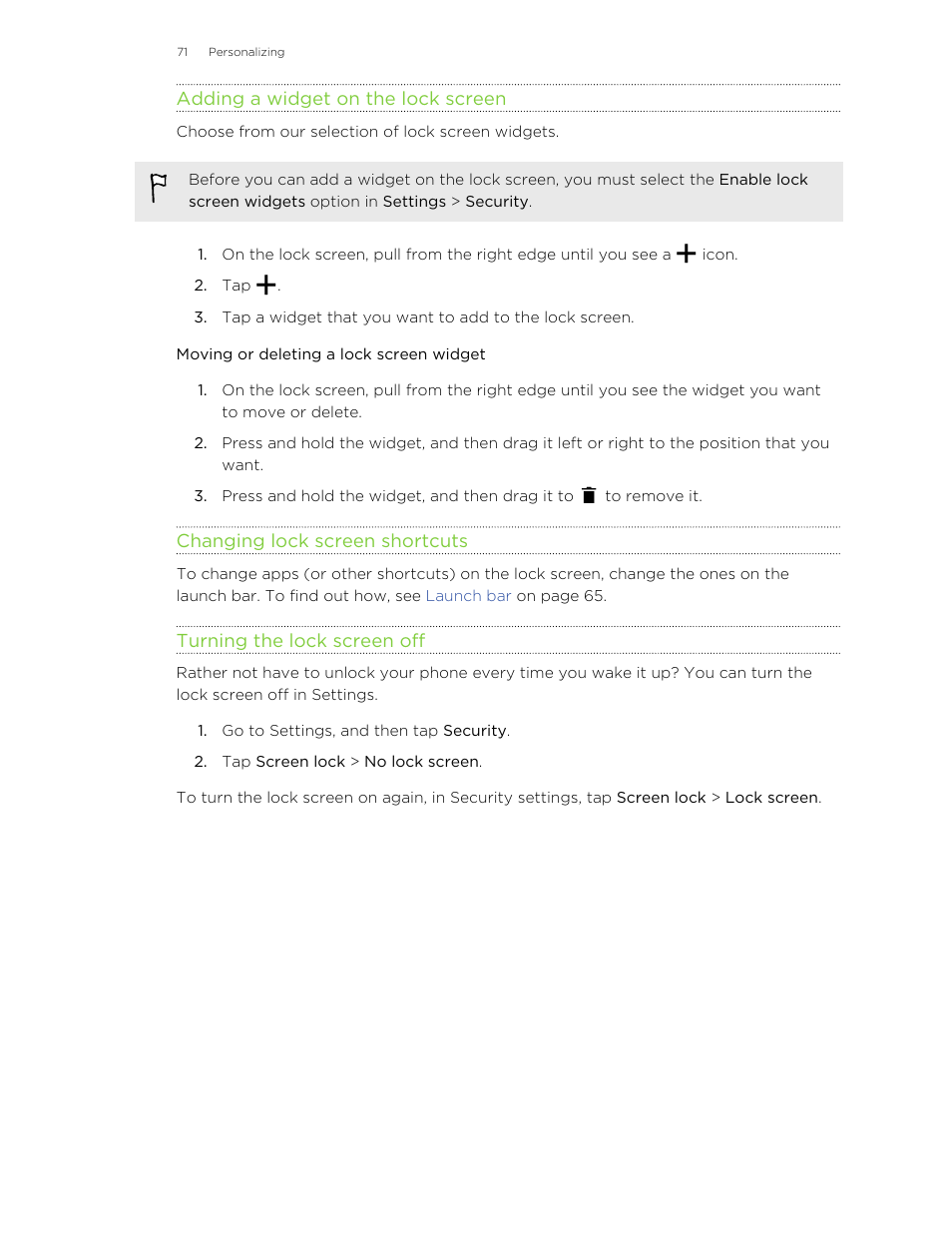 Adding a widget on the lock screen, Moving or deleting a lock screen widget, Changing lock screen shortcuts | Turning the lock screen off | HTC Butterfly 2 User Manual | Page 71 / 216