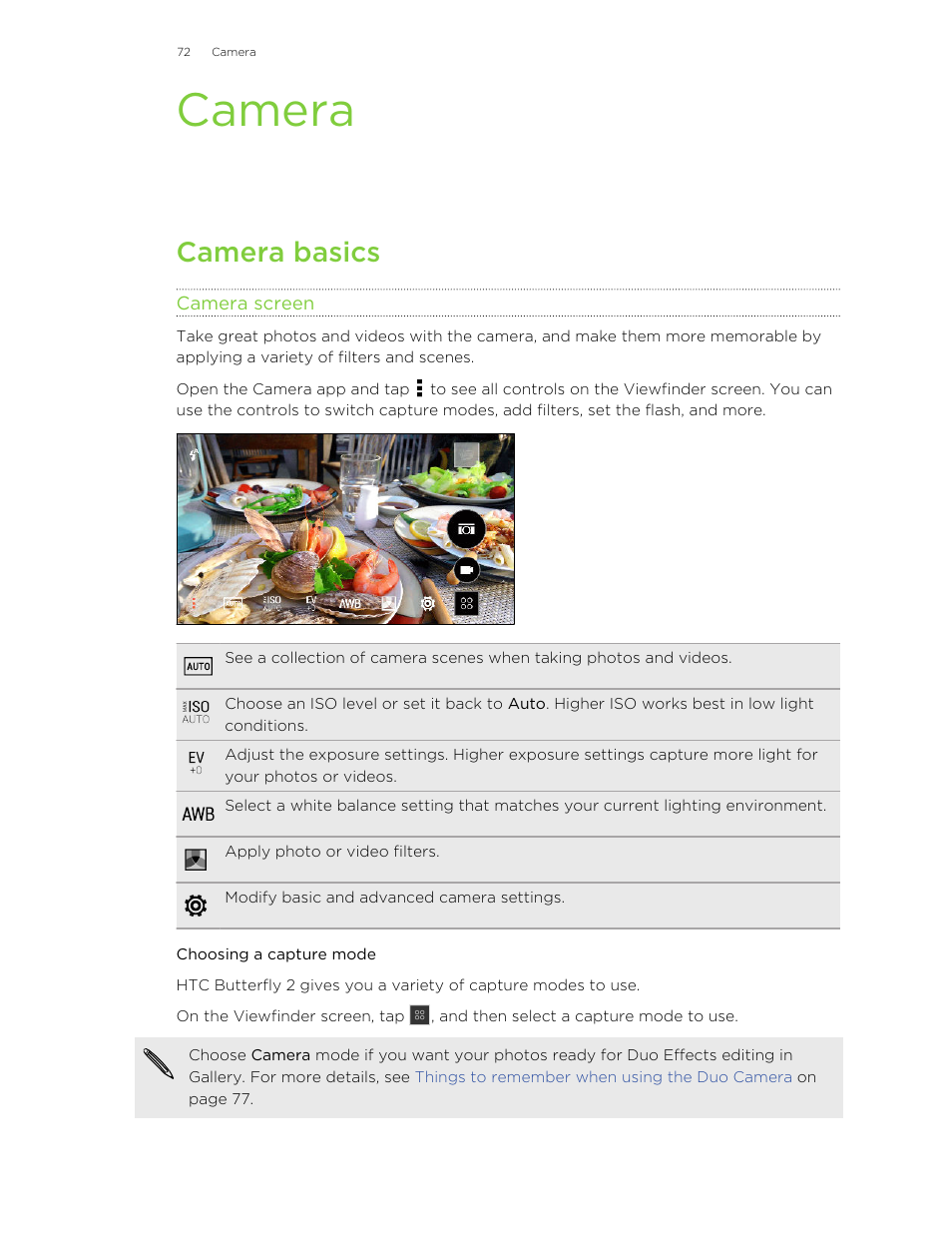 Camera, Camera basics, Camera screen | Choosing a capture mode | HTC Butterfly 2 User Manual | Page 72 / 216