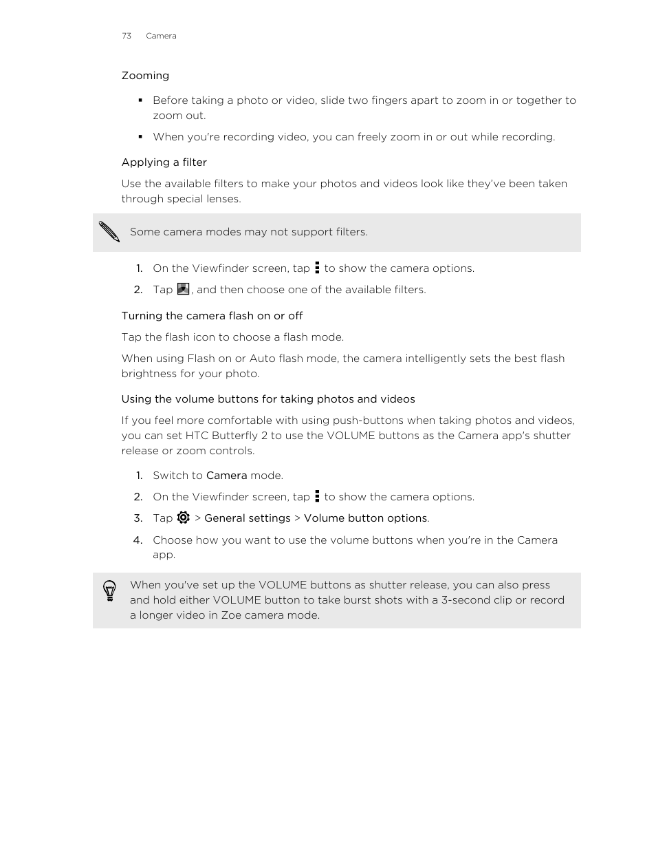 Zooming, Applying a filter, Turning the camera flash on or off | HTC Butterfly 2 User Manual | Page 73 / 216