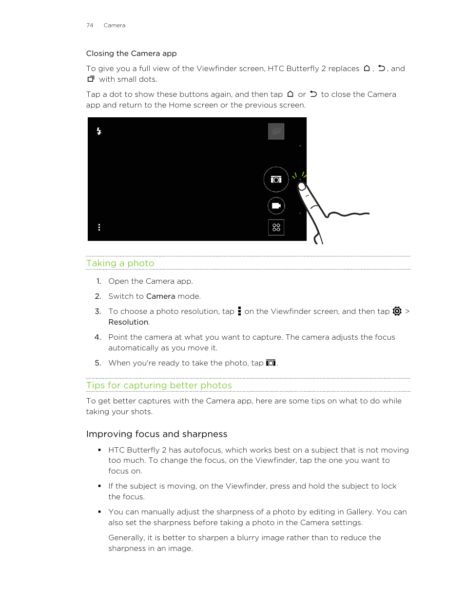 Closing the camera app, Taking a photo, Tips for capturing better photos | HTC Butterfly 2 User Manual | Page 74 / 216