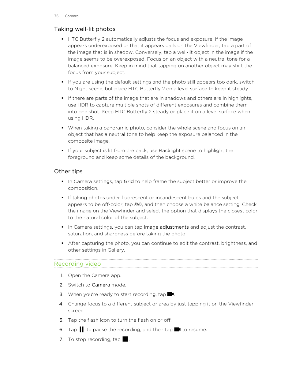 Recording video | HTC Butterfly 2 User Manual | Page 75 / 216