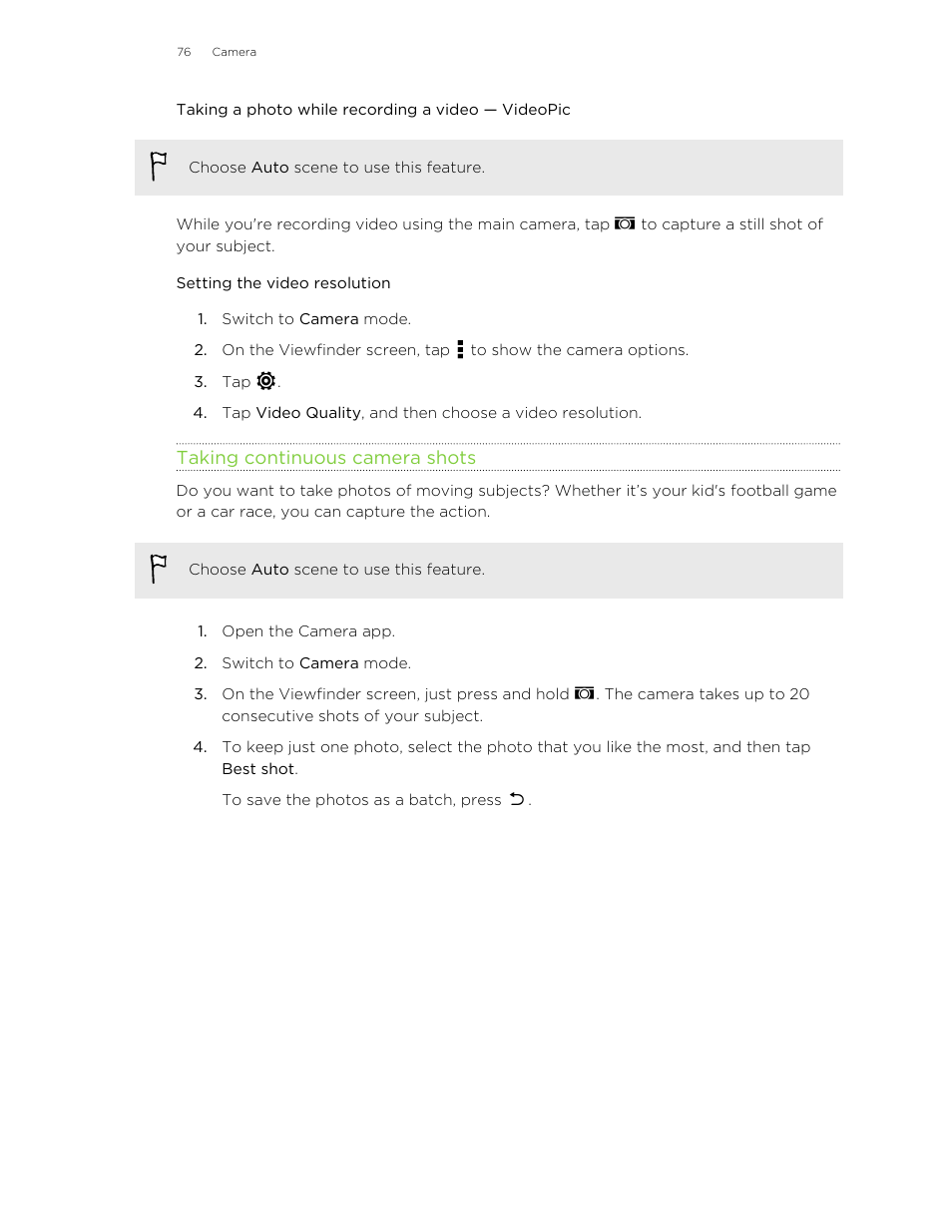 Taking a photo while recording a video — videopic, Setting the video resolution, Taking continuous camera shots | HTC Butterfly 2 User Manual | Page 76 / 216